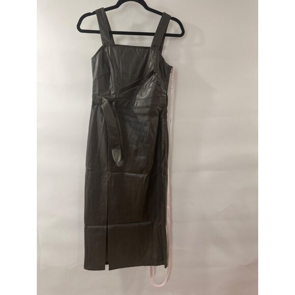 Choosy Faux Leather Midi Dress With Belted Waist & Slit Detail - olive green Siz - Picture 1 of 4